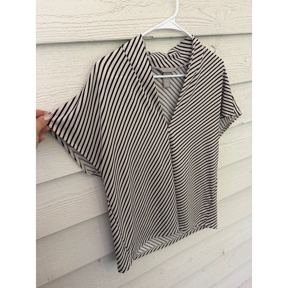 H&M Black & Cream Striped Draped Blouse Top Size Medium Minimalist Chic - Picture 3 of 7